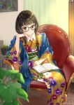 1girl armchair bangs black-framed_eyewear blurry blurry_foreground blush book braid brown_eyes brown_hair chair closed_mouth commentary_request depth_of_field eyebrows_visible_through_hair fingernails floral_print fringe glasses indoors japanese_clothes kimono long_hair long_sleeves looking_away looking_down miyabi_akino open_book original plant potted_plant print_kimono reading shawl sitting smile solo striped twin_braids twitter_username vertical-striped_kimono vertical_stripes wide_sleeves wooden_floor yellow_kimono 