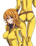  1girl ass belt blonde_hair bodysuit breasts eyebrows_visible_through_hair hair_between_eyes highres long_hair looking_at_viewer medium_breasts military military_uniform mori_yuki multiple_views shiny shiny_clothes shiny_hair simple_background skin_tight suzutsuki_kurara uchuu_senkan_yamato uchuu_senkan_yamato_2199 uniform upper_body violet_eyes yellow_bodysuit 