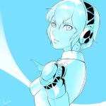  1girl aegis_(persona) artist_name breasts hair_between_eyes headphones highres looking_at_viewer looking_back monochrome parted_lips persona persona_3 ragecndy shiny shiny_hair short_hair small_breasts solo 