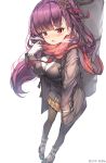  1girl adjusting_scarf artist_name bangs black_legwear blush boots breasts breathing coat eyebrows_visible_through_hair girls_frontline hair_ribbon hand_in_pocket highres large_breasts lee_seok_ho long_hair looking_at_viewer necktie one_side_up open_mouth pantyhose plaid plaid_skirt pleated_skirt purple_hair red_eyes red_neckwear ribbon scarf shirt simple_background skirt snowflake_print solo very_long_hair wa2000_(girls_frontline) weapon_bag white_background white_shirt 