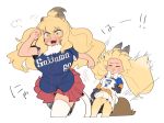  2girls animal_ear_fluff animal_ears baseball_jersey big_hair black_gloves blonde_hair blush breasts character_request closed_eyes commentary_request cropped_legs flipped_hair forehead fur_collar furrowed_eyebrows gloves heavy_breathing kazue1000 kemono_friends large_breasts lion_(kemono_friends) lion_ears lion_girl lion_tail long_hair miniskirt multiple_girls open_mouth pleated_skirt red_skirt running short_sleeves skirt tail translation_request very_long_hair white_legwear yellow_eyes 