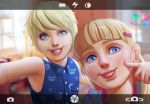  2girls blonde_hair blue_eyes c0rros1on cheek_poking child commentary english_commentary freckles hair_ornament hairclip highres mole mole_under_eye multiple_girls original parted_lips poking siblings sisters sleeveless smile tongue tongue_out viewfinder 