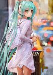  1girl :o alternate_costume aqua_eyes aqua_hair backpack bag blurry blurry_background blush breasts car casual city feet_out_of_frame from_behind ground_vehicle hair_between_eyes hair_tie hatsune_miku headphones highres long_hair long_sleeves looking_at_viewer looking_back medium_skirt motor_vehicle open_mouth outdoors see-through shirt skirt small_breasts solo standing takepon1123 trash_can twintails twitter_username very_long_hair vocaloid white_shirt white_skirt 