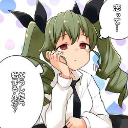  1girl anchovy anzio_school_uniform bangs barashiya black_neckwear black_ribbon chin_rest commentary dress_shirt drill_hair elbow_rest eyebrows_visible_through_hair girls_und_panzer green_hair hair_ribbon half-closed_eyes highres light_frown long_hair long_sleeves necktie parted_lips red_eyes ribbon school_uniform shirt sitting solo translated twin_drills twintails upper_body white_shirt 