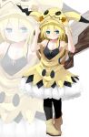  1girl arms_up bangs bare_shoulders black_camisole black_legwear blonde_hair blue_eyes blush boots breasts brown_footwear closed_mouth collarbone cosplay creatures_(company) eyebrows_visible_through_hair fake_tail full_body game_freak gen_7_pokemon hair_between_eyes hood long_hair mimikyu mimikyu_(cosplay) nintendo noa_(nagareboshi) original pantyhose pikachu_ears pokemon pokemon_(game) pokemon_ears pokemon_sm skirt small_breasts solo standing strap_slip tail white_background white_skirt zoom_layer 