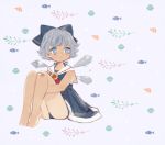  1girl adapted_costume bandaid bandaid_on_knee bare_arms bare_legs barefoot blue_background blue_bow blue_dress blue_eyes blue_hair bow cirno closed_mouth commentary_request dress expressionless fish flower hair_bow ice ice_wings knees_up leg_hug looking_away melting sailor_dress seashell shell short_hair simple_background sitting sleeveless sleeveless_dress solo sunflower tan tanline tanned_cirno touhou wings yujup 