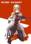  1girl absurdres black_footwear blonde_hair blue_eyes blush bolt_action breasts brown_shirt brown_skirt choker coat collared_shirt commentary fur_collar fur_hat fur_trim girls_frontline gloves gun hair_ornament hat highres long_hair looking_at_viewer mosin-nagant mosin-nagant_(girls_frontline) open_clothes open_coat pantyhose red_background red_neckwear rifle shirt simple_background skirt smile solo teruru_(pixiv_6148103) thigh_strap title ushanka weapon white_background white_coat 