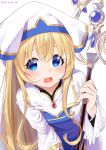  1girl :o blonde_hair blue_eyes blush dress dx_(dekusu) goblin_slayer! hat highres holding holding_staff leaning_forward long_hair long_sleeves looking_at_viewer open_mouth priestess priestess_(goblin_slayer!) simple_background smile solo staff sweatdrop white_background wide_sleeves 