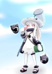  1girl basket butterfly_net enemy_aircraft_(kantai_collection) food gloves hand_net hat highres horns kantai_collection northern_ocean_hime ogawa_shou pale_skin popsicle popsicle_stick red_eyes sandals shirt straw_hat teeth torn_clothes torn_shirt toy white_hair white_skin 