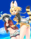  2girls :d :o animal_ears ass black_hair black_swimsuit blonde_hair blue_eyes blue_sky breasts commentary_request day dutch_angle from_behind hat hat_feather highleg highleg_swimsuit inukoro_(spa) jacket kaban_(kemono_friends) kemono_friends medium_breasts multiple_girls navel open_mouth serval_(kemono_friends) serval_ears serval_print serval_tail short_hair shorts sky smile swimsuit tail yellow_eyes 