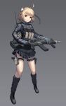  1girl :o absurdres bangs blonde_hair eyebrows_visible_through_hair full_body gloves gradient gradient_background grey_background gun hair_ornament highres holding holding_gun holding_weapon holster leg_warmers looking_at_viewer original pleated_skirt qbase red_eyes short_hair skirt solo standing thigh_holster thigh_strap uniform weapon 