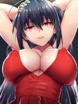  1girl ahoge alternate_costume armpits arms_behind_head azur_lane bangs bare_shoulders black_hair blush breasts choker cleavage cocktail_dress collarbone commentary_request dress erect_nipples eyebrows_visible_through_hair gradient gradient_background hair_between_eyes hair_ornament highres huge_breasts large_breasts long_hair looking_at_viewer open_mouth red_choker red_dress red_eyes shinyashiki sidelocks simple_background smile solo sweat taihou_(azur_lane) upper_body very_long_hair 