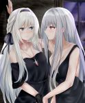  2girls absurdres ak-12_(girls_frontline) an-94_(girls_frontline) arm_up bangs bare_arms bare_shoulders black_bow black_dress black_gloves black_hairband blush bow braid breasts cleavage closed_mouth collarbone commentary_request dress eye_contact eyebrows_visible_through_hair girls_frontline gloves green_eyes hair_between_eyes hair_bow hairband heart heart-shaped_pupils highres indoors jewelry long_hair looking_at_another medium_breasts multiple_girls off-shoulder_dress off_shoulder pendant profile ru_zhai short_sleeves silver_hair sleeveless sleeveless_dress small_breasts sweat symbol-shaped_pupils very_long_hair violet_eyes wavy_mouth white_hair 