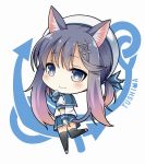  1girl animal_ears black_legwear cat_ears cat_tail gloves gradient_hair grey_eyes grey_hair hair_ornament hair_ribbon hairpin highres kantai_collection kemonomimi_mode long_hair looking_at_viewer multicolored_hair paw_pose pleated_skirt ribbon school_uniform serafuku simple_background skirt smile soba_(sobaya1938) solo tail thigh-highs tsushima_(kantai_collection) white_background white_gloves zettai_ryouiki 