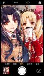  2girls bangs beige_coat black_bow black_hair blonde_hair blush bow cellphone_picture coat cup earrings ereshkigal_(fate/grand_order) fate/grand_order fate_(series) hair_bow hoop_earrings ishtar_(fate/grand_order) jewelry long_hair looking_at_viewer multiple_girls open_mouth orange_eyes parted_bangs red_bow red_coat scarf self_shot smile snowing tiara tohsaka_rin two_side_up yaoshi_jun 