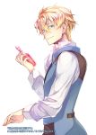  1boy alberto_hawk blonde_hair blue_eyes bottle copyright_name hair_between_eyes long_sleeves looking_at_viewer male_focus official_art potion seijo_no_maryoku_wa_bannou_desu shuri_yasuyuki white_background 