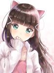 1girl animal_ears bangs blunt_bangs blush brown_hair cat_ears collarbone commentary_request covered_mouth eyebrows_visible_through_hair green_eyes hair_ornament hairclip hand_up head_tilt highres jacket kurosawa_dia long_hair long_sleeves love_live! love_live!_sunshine!! open_clothes open_jacket pink_shirt shirt sidelocks sin_(sin52y) sleeves_past_wrists solo very_long_hair white_jacket 