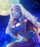  1girl :d armlet bracelet breasts brown_hair dragon_quest dragon_quest_xi earrings full_moon green_eyes highres jewelry jodesu large_breasts long_hair looking_at_viewer mermaid monster_girl moon necklace night open_mouth romia_(dq11) smile solo veil water 