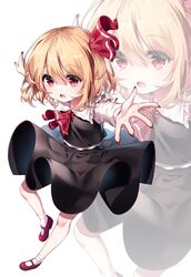  1girl ascot bare_legs black_skirt black_vest blonde_hair fingernails frilled_shirt_collar frills from_above full_body highres long_sleeves looking_at_viewer mary_janes open_mouth outstretched_arms pudding_(skymint_028) red_ascot red_eyes red_footwear red_nails rumia sharp_fingernails shirt shoes short_hair skirt skirt_set socks solo touhou vest white_background white_shirt white_socks zoom_layer 