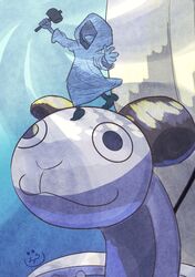  1other absurdres blue_background boat commentary faceless going_merry hammer highres holding holding_hammer hooded_dress one_piece onepiece_banbi outstretched_arms pirate_ship prow signature smile veil watercraft 