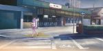  building cityscape crosswalk fare_gate hiiragi_tsukasa isou_nagi lucky_star purple_hair ribbon ribbons school_uniform serafuku short_hair sign street train_station 