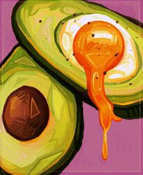  avocado avocado_slice border breakfast commentary dripping egg egg_(food) egg_yolk film_grain food food_focus fried_egg hatching_(texture) highres inset_border liquid no_humans original pepper_(spice) purple_background quezify simple_background still_life triadic_colors vegetable yellow_border 
