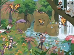 2boys :d aipom arbok arm_support ash_ketchum beautifly black_hair black_pants blue_eyes blue_vest commentary_request day flower food fruit goh_(pokemon) grass grey_footwear grey_shirt grookey highres holding leafeon liepard magikarp male_focus metapod mew mew_(pokemon) multiple_boys on_head open_mouth orange_flower outdoors pants pikachu pikipek pokemon pokemon_(anime) pokemon_(creature) pokemon_journeys pokemon_on_head quagsire rotom rotom_phone shirt shoes short_sleeves shorts shuan_0420 sitting smile sobble standing t-shirt toucannon tree venusaur vest water waterfall white_shirt wooper yanmega