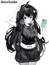 1girl absurdres ahoge alternate_costume arm_up artist_name bag blush breasts cellphone character_name charm_(object) closed_mouth commission cowboy_shot cropped_shirt dated_commentary dobostorte frog_charm frog_hair_ornament green_eyes hair_ornament hand_up highres holding holding_phone kochiya_sanae long_hair looking_at_viewer medium_breasts midriff monochrome pantyhose phone pleated_skirt sailor_collar school_bag short_sleeves simple_background single_hair_tube skirt smartphone smile snake_hair_ornament solo spot_color standing touhou v very_long_hair white_background