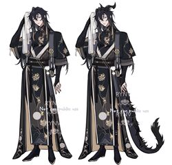  1boy adoptable arm_up black_footwear black_gloves black_hanfu black_nails black_undershirt boots bridal_gauntlets brooch chinese_clothes dragon_horns floral_print full_body gloves gold_trim hanfu highres holding holding_towel horns jewelry looking_at_viewer mandarin_collar multiple_views original rohioart short_sleeves side_slit simple_background solo tassel towel white_background 