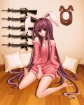  ar-10 bad_feet barefoot battle_rifle bunny_ears clock gun highres long_hair nonoko purple_hair rabbit_ears red_eyes reisen_udongein_inaba rifle touhou weapon yuuka_nonoko 