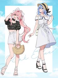  2girls ;d bag bare_shoulders blue_eyes blue_hair blue_sky border borrowed_character bow casual clouds cloudy_sky collarbone commission curly_hair dress english_text expressionless hair_bow hand_up hat hat_ribbon high_heels highres holding holding_bag long_hair looking_ahead looking_at_viewer midriff_peek moya_(toatomoot) multiple_girls nail_polish off-shoulder_dress off_shoulder one_eye_closed open_mouth original outside_border pants parted_lips pink_hair pink_nails ponytail puffy_short_sleeves puffy_sleeves ribbon sandals satchel short_hair_with_long_locks short_sleeves siblings single_hair_intake sisters skeb_commission sky smile standing text_background toenail_polish toenails toes turning_head very_long_hair white_bow white_dress white_pants yellow_eyes 