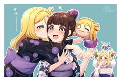  3girls :3 ;3 absurdres aqua_background artist_name black_kimono blonde_hair blunt_bangs blush border braid brown_eyes brown_hair character_doll closed_mouth commentary_request covering_own_mouth crown_braid dual_persona familiar floral_print floral_print_kimono genjitsu_no_yohane hand_over_own_mouth heart heart-shaped_pupils highres japanese_clothes kimono kiss kissing_cheek long_hair love_live! love_live!_sunshine!! mari_(genjitsu_no_yohane) mole mole_on_cheek multiple_girls nesoberi nose_blush ohara_mari one_eye_closed open_mouth parted_lips pellapie_(genjitsu_no_yohane) print_kimono short_hair sidelocks signature single_hair_ring ska.harumi sleeves_past_elbows suzuki_aina_(voice_actor) symbol-shaped_pupils voice_actor voice_actor_connection white_border white_kimono yellow_eyes 