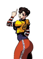  ass chun-li gym_uniform highres huge_ass jacket lipstick looking_at_viewer makeup open_clothes open_jacket pants pixel_art pointing red_pants simple_background street_fighter sunflowerpot white_background wide_hips 