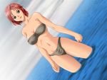 breasts cleavage dutch_angle game_cg green_eyes red_hair redhead short_hair swimsuit wading water 