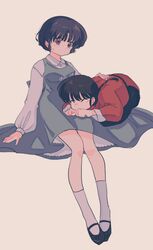  1boy 1girl absurdres black_footwear black_hair braid braided_ponytail breasts chinese_clothes closed_eyes couple en_0410 fuurinkan_high_school_uniform highres invisible_chair ranma_1/2 saotome_ranma school_uniform short_hair sitting socks tangzhuang tendou_akane twitter_username white_socks 