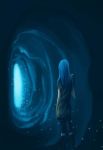  back bad_id blue_hair boots cave glow glowing long_hair original tunic tunnel 