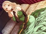  1girl artist_request bed blonde_hair character_request circlet dress elbow_gloves female gown green_eyes jewelry kneeling large_breasts long_hair mole princess ring solo source_request tiara worried 