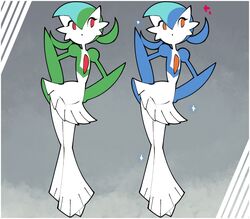  2girls alternate_color bell-bottoms blue_hair blue_skin closed_mouth colored_skin contrapposto dorianm_bc dot_mouth dual_persona elbow_blade full_body gallade genderswap genderswap_(mtf) green_hair green_skin hands_on_own_hips highres juliet_sleeves long_sleeves looking_to_the_side mohawk multicolored_skin multiple_girls no_humans no_sclera pants pleated_skirt pokemon pokemon_(creature) pokemon_focus puffy_sleeves red_eyes shiny_pokemon skirt sparkle standing twintails two-tone_skin white_pants white_skin white_skirt 