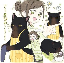  1boy 1girl apron black_fur body_fur brown_hair cat_boy cat_loaf dekiru_neko_wa_kyou_mo_yuuutsu fukuzawa_saku furry furry_male green_eyes highres hug hug_from_behind korean_text looking_at_viewer lying_on_person multiple_views short_hair sleeping translation_request under_covers white_background yellow_apron yukichi_(dekiru_neko_wa_kyou_mo_yuuutsu) zzpencil 