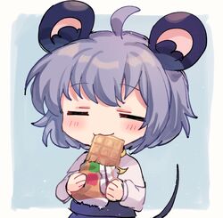  1girl :3 =_= ahoge animal_ears blue_background blush choco_monaka_jumbo closed_eyes closed_mouth commentary cookie_(touhou) eating food grey_hair grey_vest holding holding_food long_sleeves medium_bangs mouse_ears mouse_tail nazrin nyon_(cookie) shirt short_hair smile solo symbol-only_commentary tail touhou upper_body vest white_background white_shirt xox_xxxxxx 