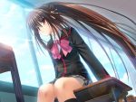  800x600 desk game_cg little_busters! little_busters!! long_hair na-ga natsume_rin red_eyes school_uniform sitting sunlight window 