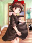  black_cat black_dress book bow brown_eyes brown_hair cat curtsey dress ghibli hair_bow hairband jiji_(character) kiki kiki&#039;s_delivery_service lowres majo_no_takkyuubin neuron_(exceed) short_hair studio_ghibli witch 