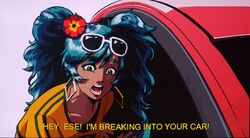  black_skin brazilian_miku car colored_skin derivative_work earrings english_text eyewear_on_head flower green_eyes green_hair hair_flower hair_ornament hatsune_miku highres jewelry motor_vehicle pixel_art screenshot_redraw shirt simple_background subtitled sunflowerpot sunglasses tvfilthyfrank vocaloid yellow_shirt 