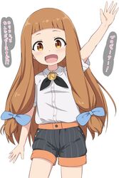  1girl :d arm_up bad_id bad_twitter_id black_shorts blue_bow blunt_bangs blush bow brown_eyes brown_hair check_translation child hair_bow highres ichihara_nina idolmaster idolmaster_cinderella_girls idolmaster_cinderella_girls_u149 long_hair looking_at_viewer low-tied_sidelocks open_mouth shirt short_shorts short_sleeves shorts simple_background smile solo striped_clothes striped_shorts takasuma_hiro translation_request vertical-striped_clothes vertical-striped_shorts very_long_hair waving white_background white_shirt 