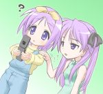  2girls annoyed bare_shoulders blue_eyes bow cellphone g-tetsu hair_bow hair_ribbon hiiragi_kagami hiiragi_tsukasa long_hair lucky_star multiple_girls overalls phone purple_hair ribbon ribbons shaking short_hair siblings sisters sweat tareme tsurime twins twintails 