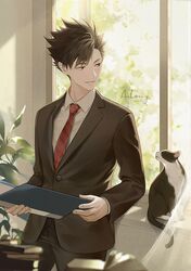  1boy animal antweiyi artist_name black_hair black_jacket black_pants black_suit book book_stack buttons cat closed_mouth collared_shirt commentary dress_shirt eye_contact folder haikyuu!! hands_up holding holding_folder indoors jacket kuroo_tetsurou lapels layered_sleeves long_sleeves looking_at_animal looking_at_another male_focus multicolored_cat necktie pants parted_lips pixiv_id plant red_necktie shirt short_hair solo spiky_hair striped_clothes striped_necktie suit suit_jacket tree twitter_username white_shirt window wing_collar yellow_eyes 