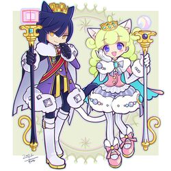  1boy 1girl :d alternate_costume black_gloves black_pants blue_gemstone blue_hair blunt_bangs blunt_ends blush_stickers border brooch burippoi cardigan cheek_rest chromatic_aberration closed_mouth coat crown curly_hair dark_blue_hair dated deformed double-parted_bangs finger_to_own_chin full_body fur-trimmed_footwear fur-trimmed_shorts fur-trimmed_sleeves fur_collar fur_trim gem gloves green_background green_hair grey_outline grey_shirt hair_flaps hand_on_own_cheek hand_on_own_face hands_up holding holding_staff jewelry kneehighs long_hair long_sleeves looking_at_viewer marle_(puyopuyo) mary_janes official_style open_clothes open_coat open_mouth pants pantyhose pink_cardigan pink_footwear puffy_shorts purple_coat puyopuyo puyopuyo_tetris_2 red_gemstone ringed_eyes shirt shoes short_hair shorts side-by-side signature single_hair_ring smile socks squares_(puyopuyo) staff striped_clothes striped_pantyhose striped_shirt striped_shorts tareme topknot tsurime vertical-striped_clothes vertical-striped_shirt violet_eyes white_border white_footwear white_gloves white_pantyhose yellow_eyes 