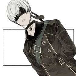  1boy 9s_(nier:automata) black_blindfold black_choker black_gloves black_jacket blindfold choker clenched_hand gloves hair_over_eyes hiryuu_(kugelcruor) jacket long_sleeves male_focus nier:automata nier_(series) pale_skin parted_lips pendant_choker short_hair solo upper_body white_background white_hair 