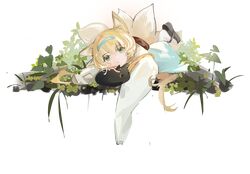  1girl alpha_transparency animal_ears arknights black_cat blonde_hair blue_hairband blue_skirt cat coffea_(ancoffea) fox_ears fox_girl fox_tail grass green_eyes hairband highres kitsune leaf long_hair long_sleeves luo_xiaohei luo_xiaohei_(cat) luo_xiaohei_zhanji lying multiple_tails official_alternate_costume parted_lips shirt skirt solo suzuran_(arknights) suzuran_(spring_praise)_(arknights) tail transparent_background white_shirt 