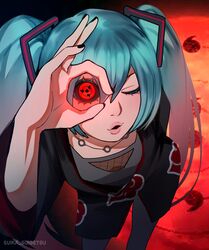  1girl akatsuki_uniform aqua_hair black_coat black_sclera coat colored_sclera crossover hatsune_miku highres long_hair looking_at_viewer mangekyou_sharingan naruto_(series) ok_sign ok_sign_over_eye one_eye_closed parted_lips red_eyes sharingan solo suika_suigetsu twintails vocaloid 